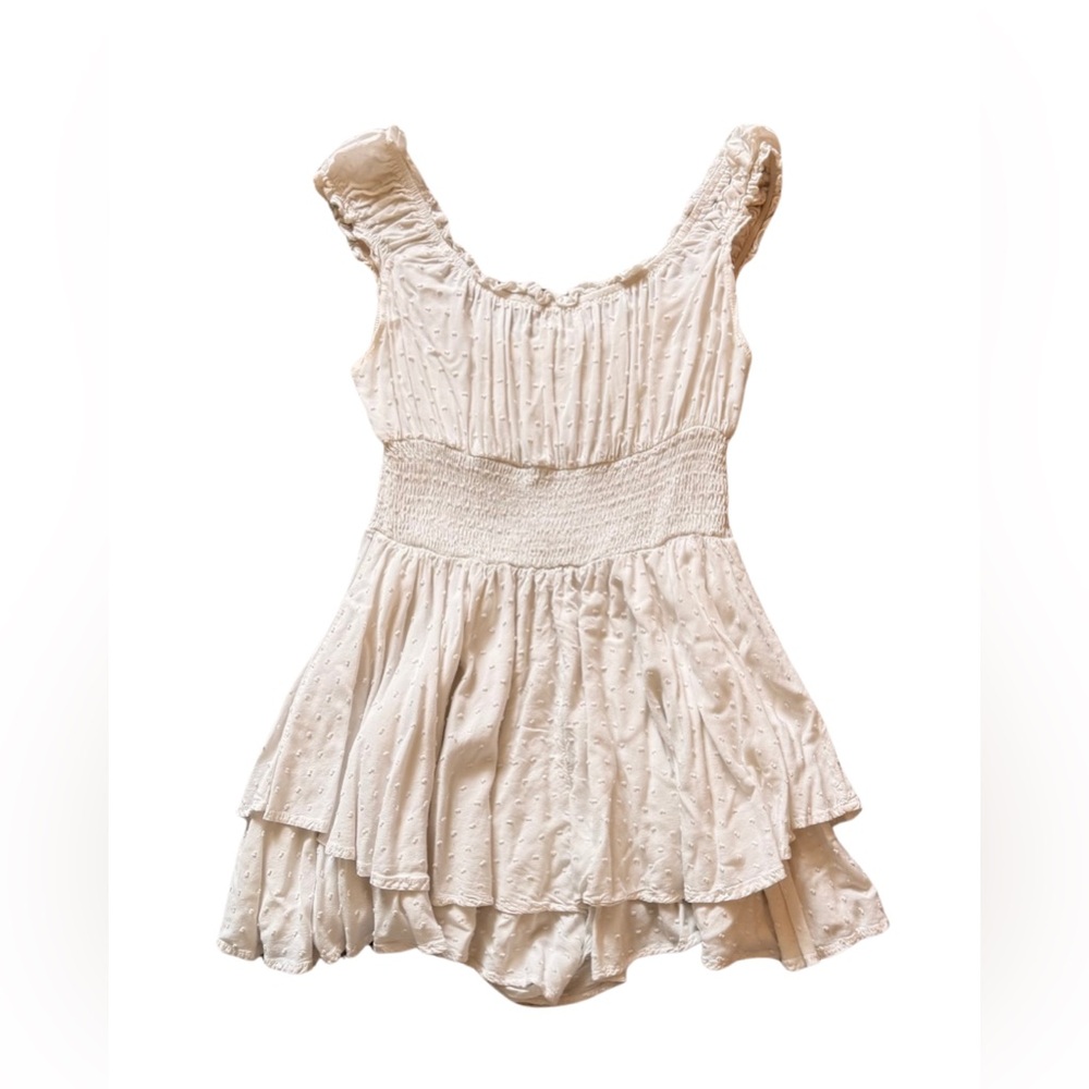 UO Rosie Smocked Tiered Ruffle Romper White Small